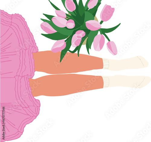 Woman legs in tutu dress on the white backdrop up view flat style with bouquet