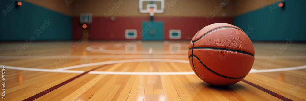 Obraz premium Basketball on court with markings, sports equipment resting indoors, providing an engaging scene. Indoor basketball setup includes hoop in background, showing typical athletic facility.