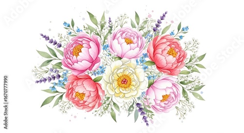 A vibrant floral arrangement composed of peonies, lavender, and small blossoms, showcasing a soft, pastel color palette.