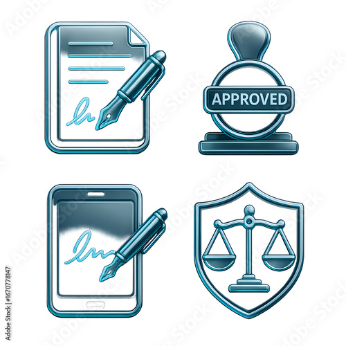 E-signature and contract 3D neon glass icon set on transparent background, signed document approved stamp digital tablet with stylus and justice scales shield for UI UX dashboards and corporate legal 