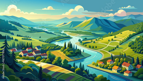 Breathtaking aerial view of West Morava river meandering through lush valley on a sunny summer day in Serbia, showcasing vibrant nature