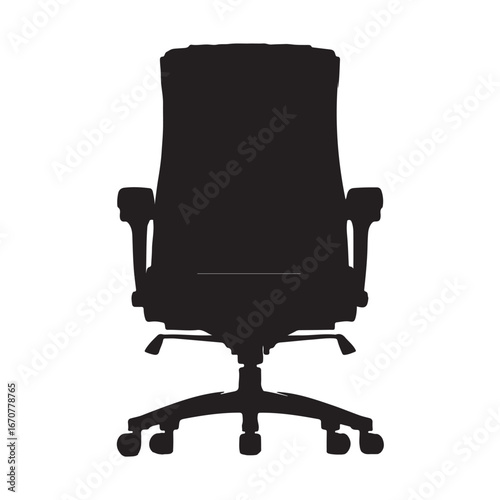Black silhouette of an office chair with five wheels and armrests white background furniture