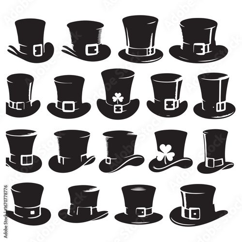 Collection of black leprechaun hats with buckles and shamrocks st patricks day top hat