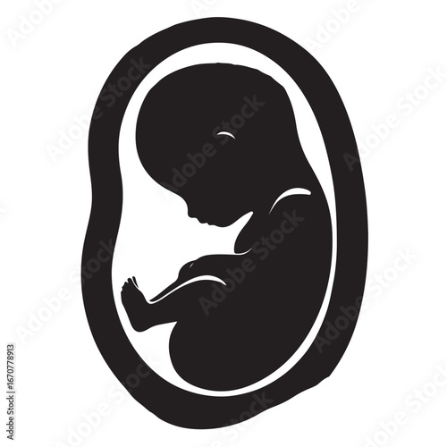 Black silhouette of a human fetus curled inside an amniotic sac black and white unborn baby
