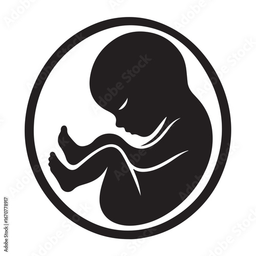 Black silhouette of a fetus curled inside a circle baby unborn
