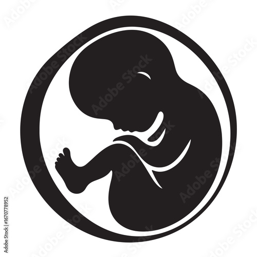Black silhouette of a fetus curled inside a circular womb baby unborn