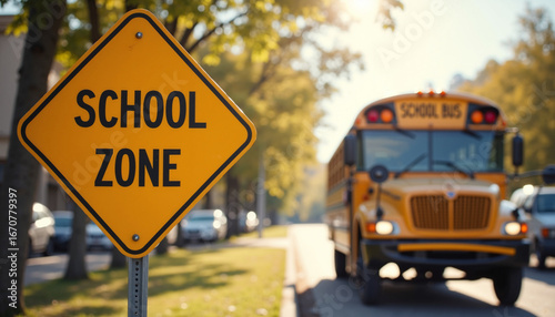 Yellow school bus on street with school zone sign indicating safety, students, and traffic. School bus approaching a designated area with cars and green foliage.