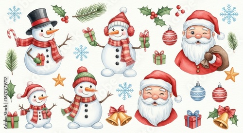 Charming Christmas illustrations featuring playful snowmen and Santa Claus,  decorated with gifts, ornaments, and holiday foliage,  exhibiting a joyful and festive Christmas mood.