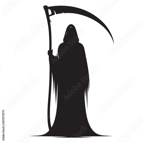 Grim Reaper silhouette with scythe against white background death hooded figure 1