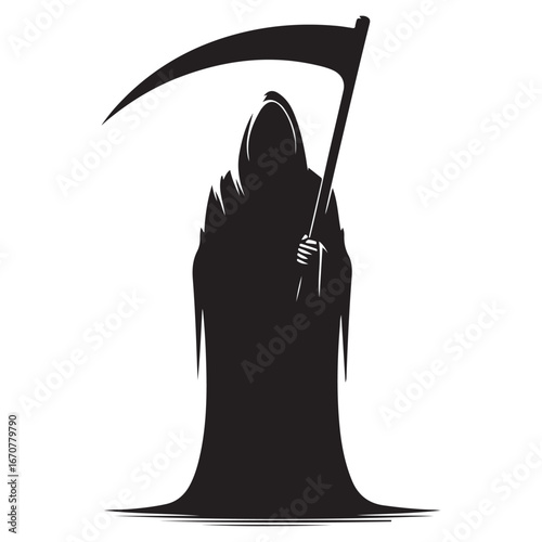 Grim Reaper silhouette with scythe on white background death skeleton 2