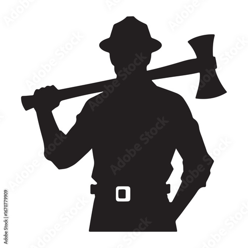 Silhouette of a lumberjack with an axe on his shoulder wearing a hat and belt vector