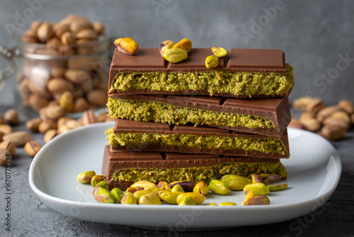 Photography Dubai chocolate, milk chocolate filled with peanut butter and kunefe