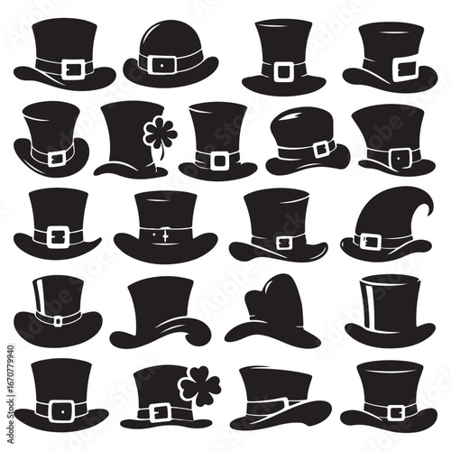 Collection of black silhouette leprechaun hats and top hats with buckles clover