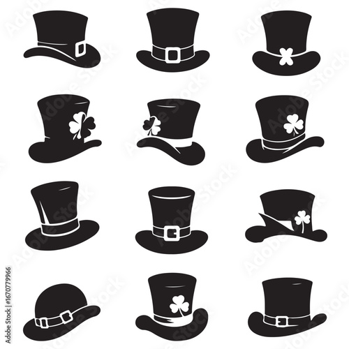 Collection of black leprechaun hats with shamrocks and buckles clover