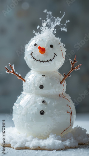 Snowman made of snow with a smiling face and twig arms  