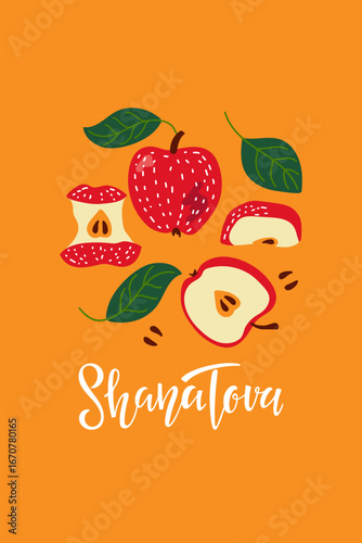 Shana Tova card. Handwritten calligraphy lettering with apple composition. Rosh Hashanah symbol. Happy Rosh Hashanah banner. Jewish New Year Holiday. For greeting card, Holiday design, invitation