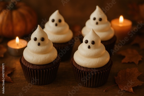 Cute ghost cupcakes with swirled frosting and chocolate eyes, perfect for halloween celebrations. cozy atmosphere with candles and autumn leaves.