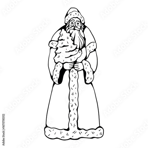 Santa Claus with a Christmas tree in his hands Christmas illustration. Father Frost figurine vector monochrome outline illustration isolated on white background. Symbol of New Year and Christmas