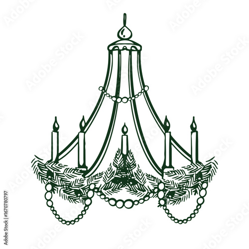 Vintage forged chandelier with candles, fir branches and beads. Winter Christmas decor. Element of festive interior. Hand drawn illustration of antique chandelier. Sketch. Vector monochrome retro