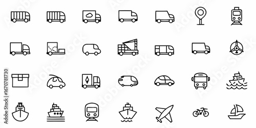 Discover essential transportation icons a diverse collection of vehicles including trucks cars buses trains planes ships and bicycles for all your logistics and travel needs