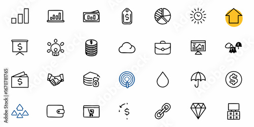 Capturing essential business concepts with this diverse collection of hand-drawn icons, perfect for presentations, financial reports, and digital projects, conveying growth, security, and ideas.