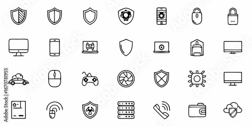 Diverse technology and security icons including shields, computers, phones, locks, cars, mice, gamepads, fans, CPUs, servers, phones, wallets, and cloud security for modern digital concepts.