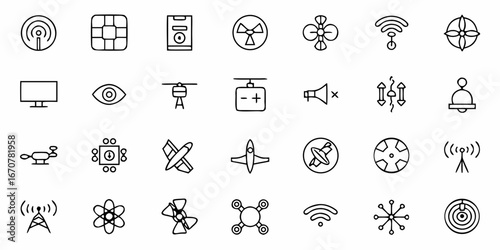 Diverse collection of modern technology and science icons featuring drones, wifi signals, atomic structures, airplanes, and electronic components for innovative projects