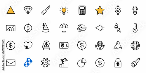 Vibrant collection of business finance and success icons including money, charts, ideas, and achievements for modern presentations and digital content creation
