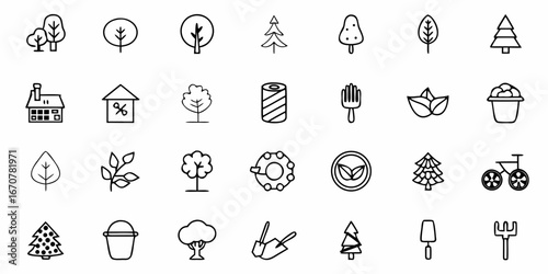 Collection of natural and gardening icons including trees, leaves, houses, tools, and a bicycle for eco-friendly concepts and outdoor activities