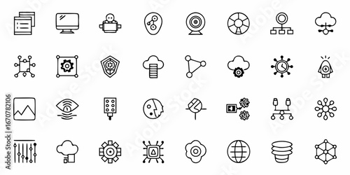 Modern technology icons representing data, networks, AI, cloud computing, and business operations, perfect for digital presentations and web design projects.