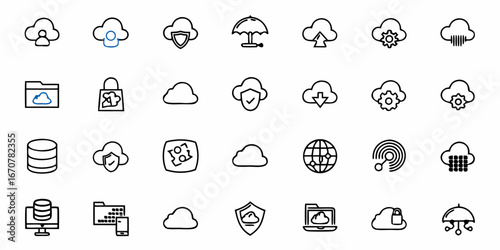 Dynamic cloud computing icons showcasing security, data storage, connectivity, and operational management for modern business technology solutions
