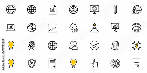 Dynamic business and finance icon set featuring global connections, growth charts, investment symbols, teamwork, and innovative ideas for modern professional use