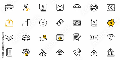 Modern financial icons collection symbolizing wealth management, investment growth, banking, and business success, perfect for digital presentations and concepts.