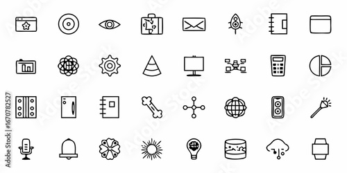 Diverse collection of hand-drawn business and technology icons representing concepts like innovation, communication, data, and success for modern projects