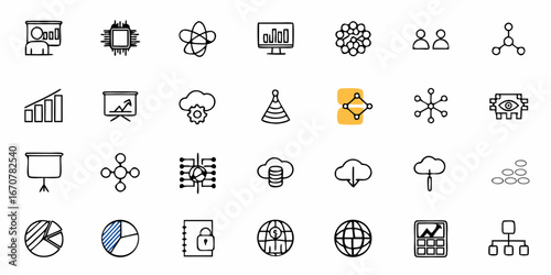Dynamic collection of modern business and technology icons representing data analytics, networking, cloud computing, and strategic planning for professional presentations and digital projects.