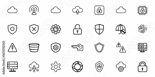 Essential cybersecurity and network security icons providing visual cues for data protection, secure access, and system alerts, perfect for digital safety presentations and tech concepts.