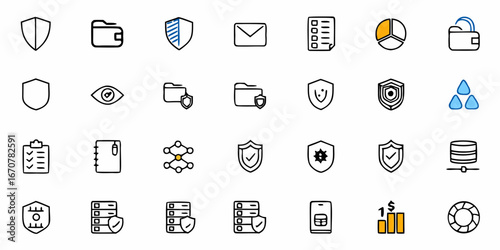 Modern icons representing security, data management, finance, and business operations, perfect for digital platforms and presentations.