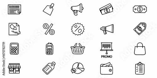 Captivating collection of business and commerce icons including sales tags, price discounts, cash, credit cards, shopping baskets, and promotional signage for marketing campaigns