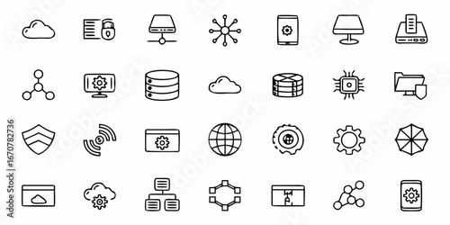 Dynamic technology icons representing cloud computing, data security, networking, and system operations for modern digital business applications and presentations.
