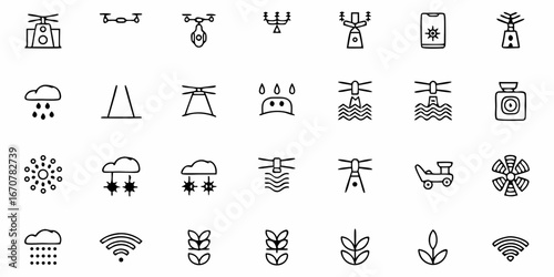 Captivating collection of modern technology and weather icons featuring drones, agriculture symbols, and connectivity signals for innovative design and data visualization