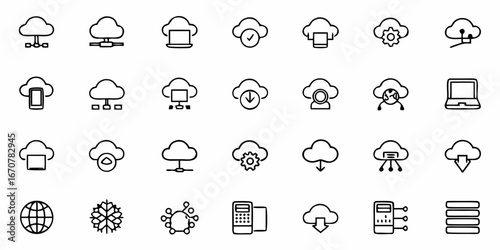 Dynamic cloud computing icons representing data transfer, security, networking, and digital services for modern business and technology solutions