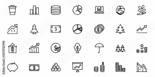 Capturing financial growth and investment success with diverse business and money icon set for modern presentations and digital content creation.