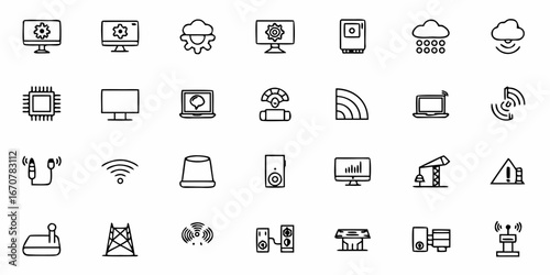 Modern technology icons showcasing computers, connectivity, data, and digital devices for innovative projects and tech concepts