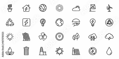 Discover a diverse collection of modern, clean icons representing renewable energy, sustainability, and environmental concepts perfect for eco-friendly projects.