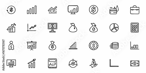 Dynamic collection of financial icons capturing growth, investment, and business success with money symbols, charts, and calculators for modern finance presentations