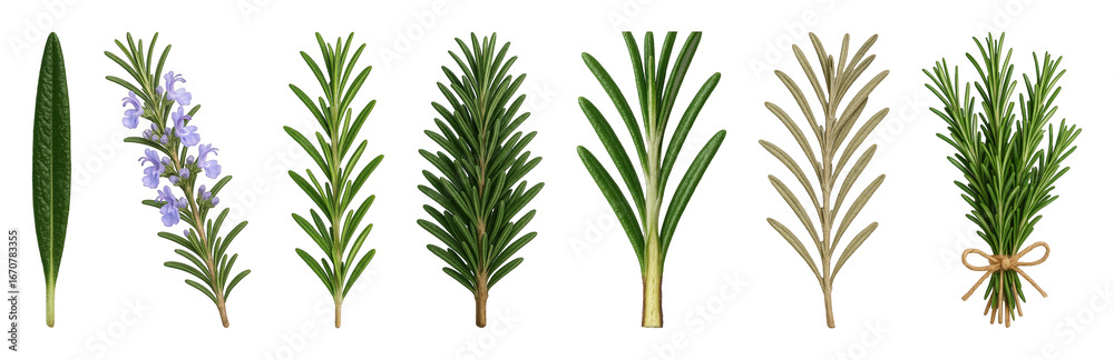 Fototapeta premium Rosemary set including single leaf, flowering sprig, fresh sprigs, dried sprig, and tied bunch isolated. Culinary herb collection.