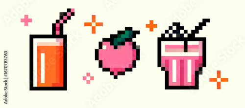 Colorful pixel art illustration with a retro 8-bit style, featuring orange and pink drinks, a peach, and playful shapes. Theme is fruity beverages. Colors are pink, orange, green, black, white.