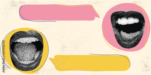 Pop art halftone collage with open mouths and colorful speech bubbles. Retro grunge communication and conversation concept on abstract background.