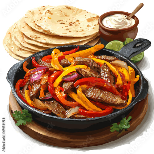 Sizzling Steak Fajitas with Peppers and Onions in Skillet