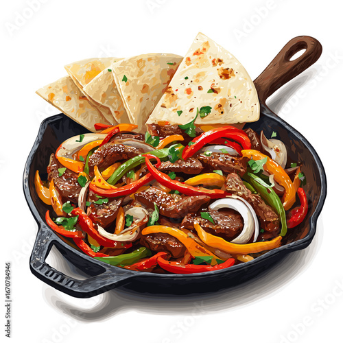 Sizzling Steak Fajitas with Peppers and Onions in Skillet
